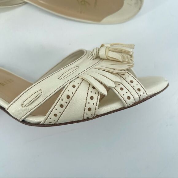 Christian Louboutin Fringe Peep Toe Mule Sandals Cream Leather EU 37.5 Heels - Picture 14 of 16